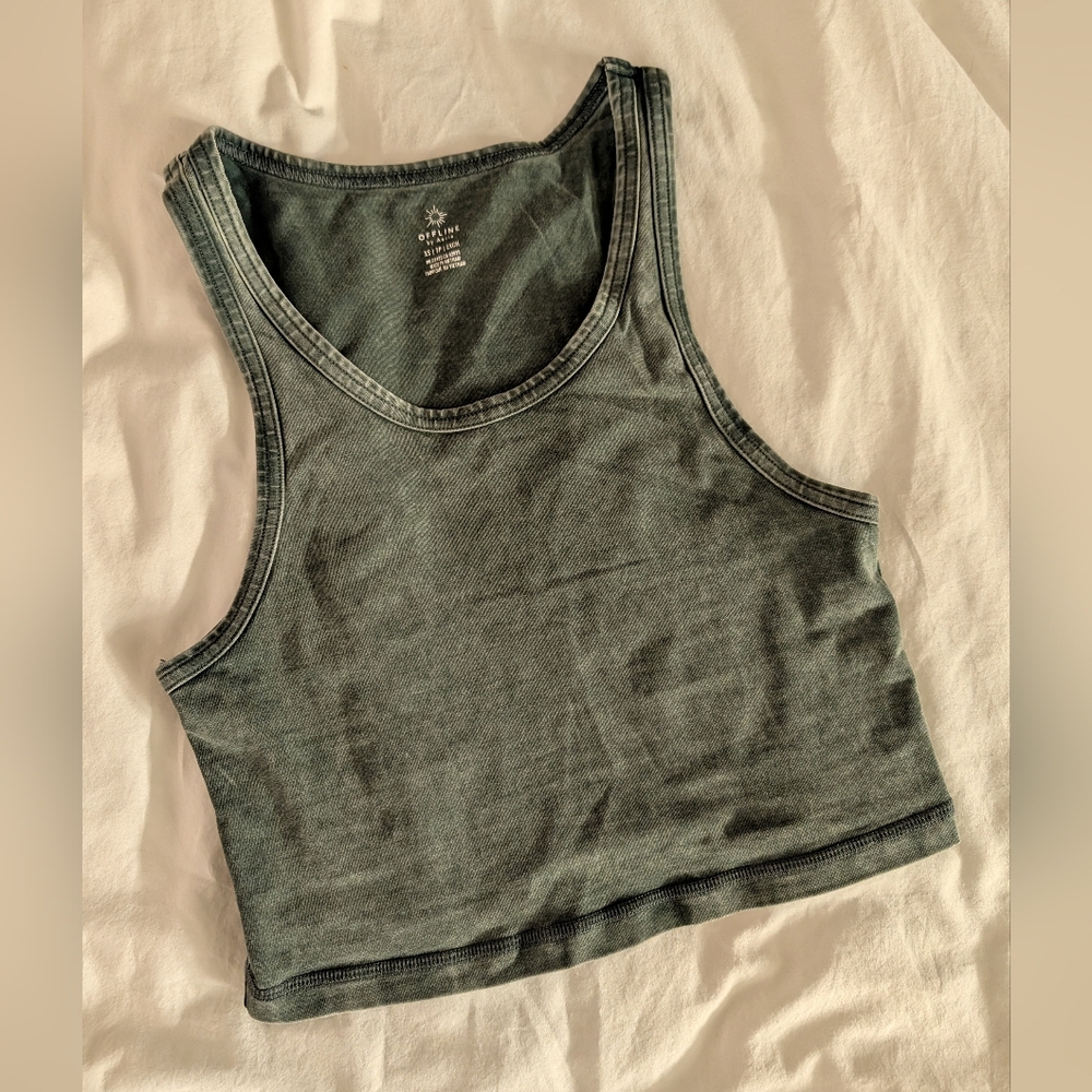 aerie Offline Cropped Fitted Tank Top Green Size x small